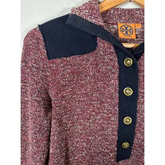 Tory Burch Sweater Popover Pullover Size XS Maroon Blue Tweed Mock Neck - Picture 2 of 11